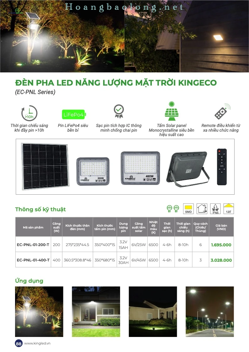Hình catalogue đèn pha LED năng lượng mặt trời KingEco EC-PNL, pin LiFePO4, tấm pin đơn tinh thể và remote điều khiển.