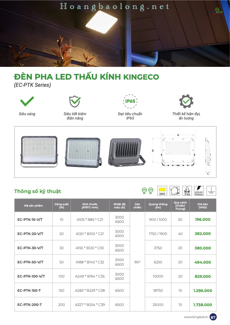 Hình catalogue đèn pha LED thấu kính KingEco EC-PTK, ánh sáng mạnh, tiết kiệm điện và đạt cấp bảo vệ IP65.