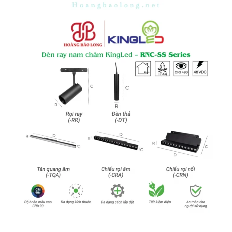 Hình catalogue đèn ray nam châm KingLed RNC-SS, CRI>90, đa dạng kích thước, tiết kiệm điện và an toàn.