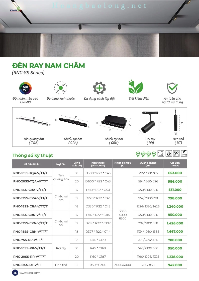 Hình catalogue đèn ray nam châm KingLed RNC-SS, CRI>90, đa dạng kích thước, tiết kiệm điện và an toàn.