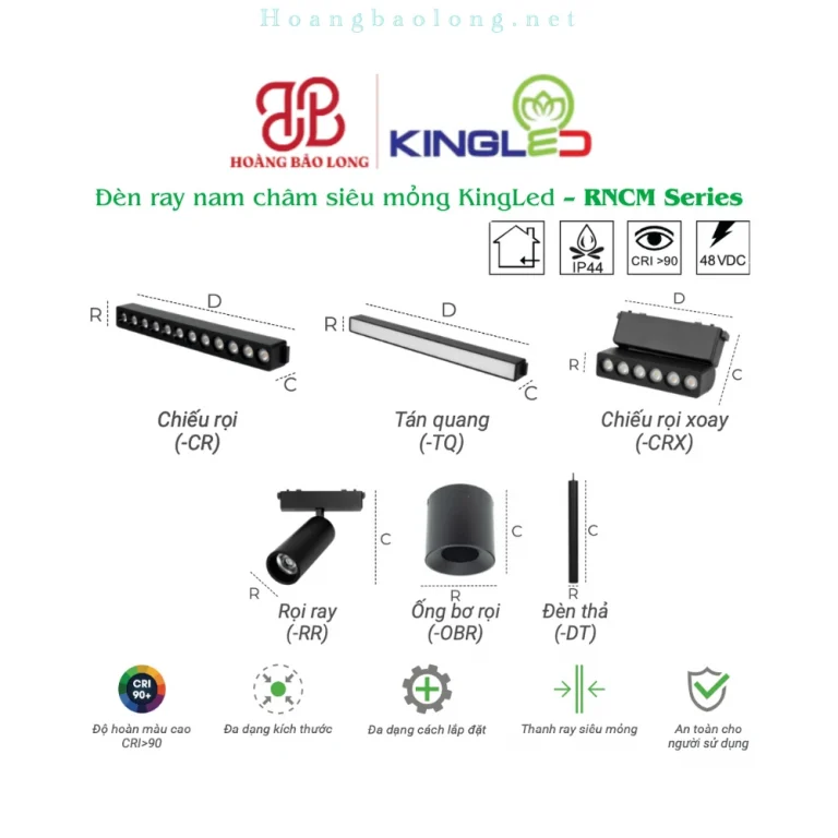 Hình catalogue đèn ray nam châm siêu mỏng KingLed RNCM, CRI>90, đa dạng kích thước và cách lắp đặt.