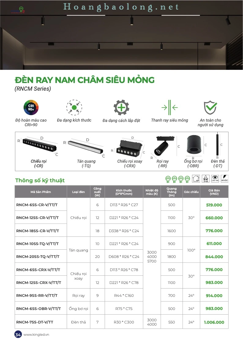 Hình catalogue đèn ray nam châm siêu mỏng KingLed RNCM, CRI>90, đa dạng kích thước và cách lắp đặt.