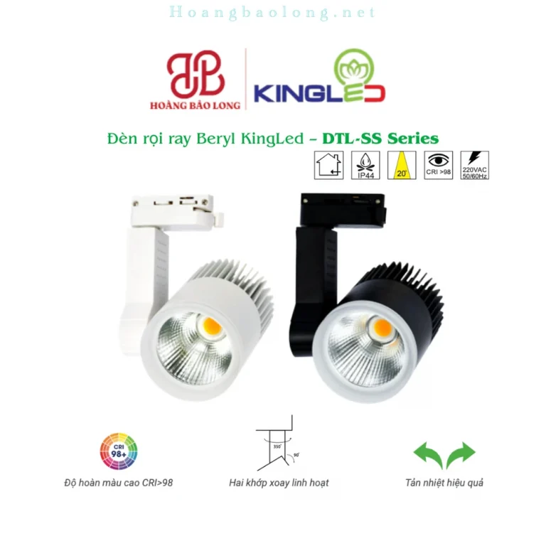 Hình catalogue đèn rọi ray Beryl KingLed DTL-SS, CRI>98, hai khớp xoay linh hoạt và tản nhiệt hiệu quả.