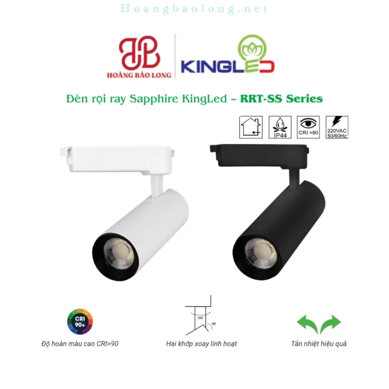 Hình catalogue đèn rọi ray Sapphire KingLed RRT-SS, CRI>90, hai khớp xoay linh hoạt và tản nhiệt hiệu quả.