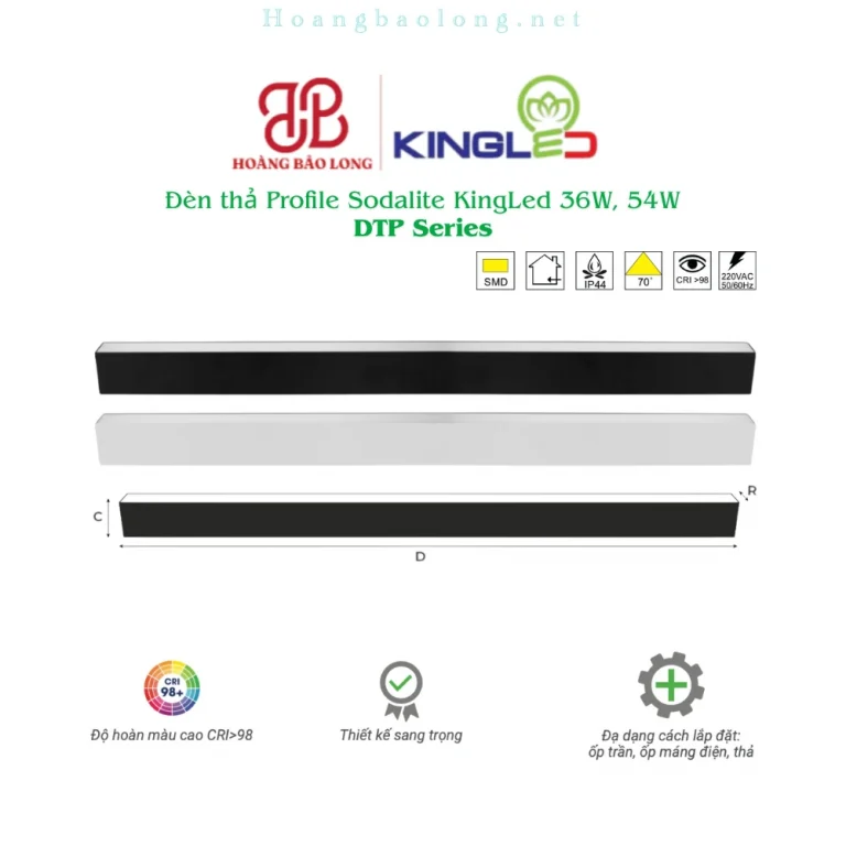 Hình catalogue đèn thả profile Sodalite KingLed DTP, CRI>98, lắp ốp trần, ốp máng điện hoặc thả trần.