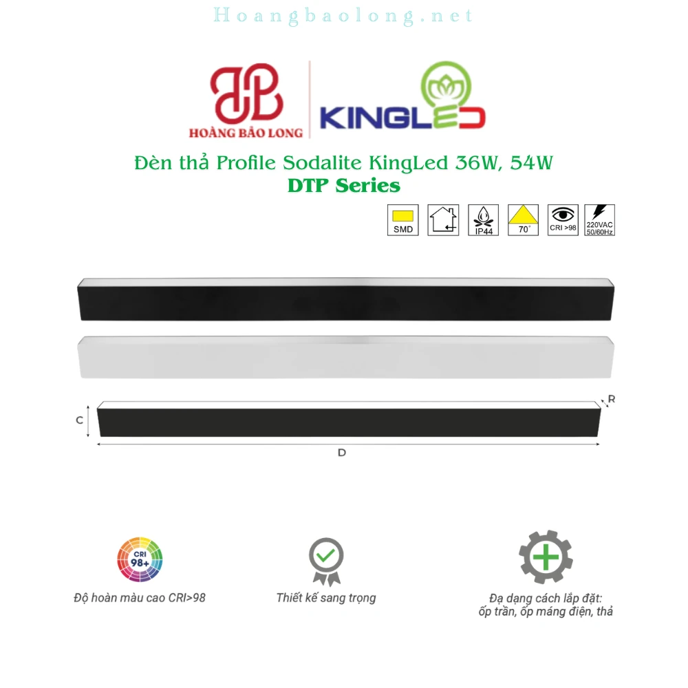 Đèn thả Profile Sodalite KingLed 36W, 54W – DTP Series Hình catalogue đèn thả profile Sodalite KingLed DTP, CRI>98, lắp ốp trần, ốp máng điện hoặc thả trần.