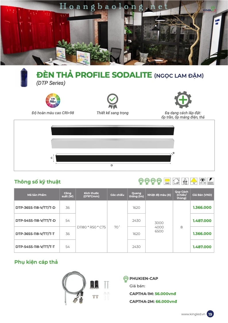 Đèn thả Profile Sodalite KingLed 36W, 54W – DTP Series Hình catalogue đèn thả profile Sodalite KingLed DTP, CRI>98, lắp ốp trần, ốp máng điện hoặc thả trần.