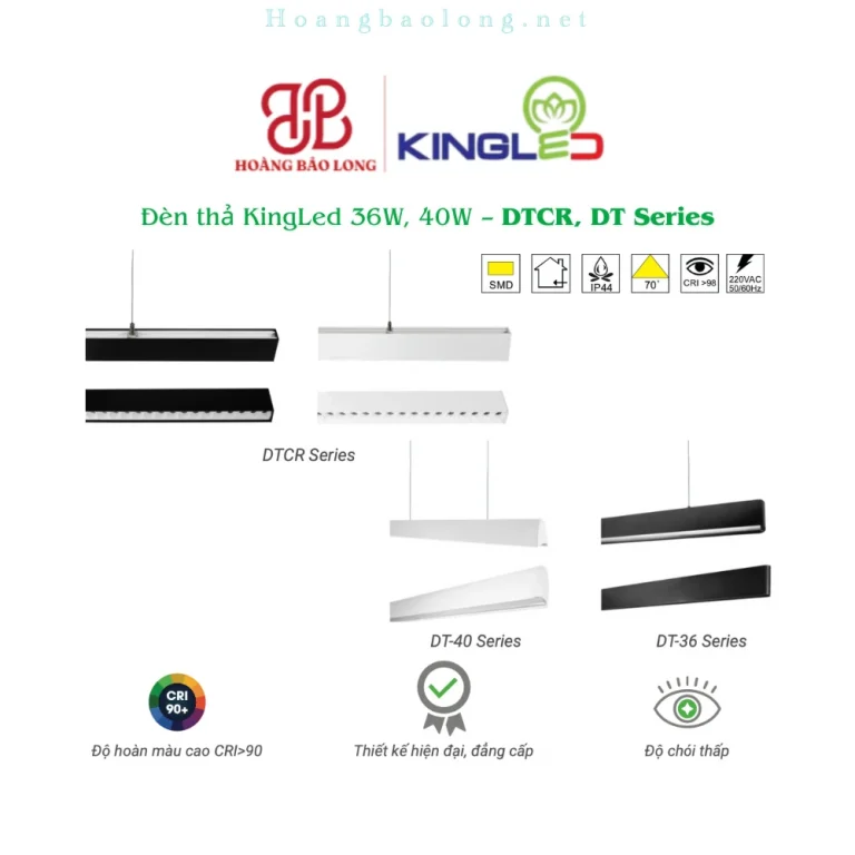 Hình catalogue đèn thả KingLed DT Series với nhiều kiểu dáng hiện đại, CRI>90 và ánh sáng có độ chói thấp.