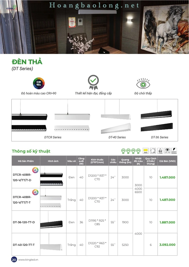 Hình catalogue đèn thả KingLed DT Series với nhiều kiểu dáng hiện đại, CRI>90 và ánh sáng có độ chói thấp.