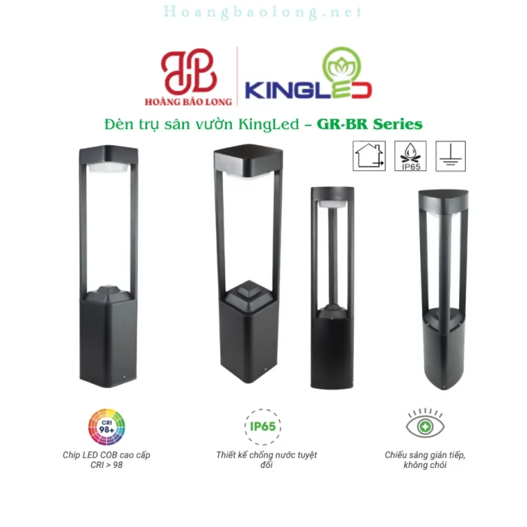 Hình catalogue đèn trụ sân vườn KingLed GR-BR, chip COB CRI>98, chống nước và chiếu sáng gián tiếp không chói.