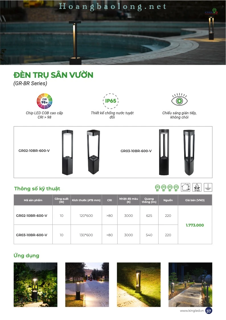 Hình catalogue đèn trụ sân vườn KingLed GR-BR, chip COB CRI>98, chống nước và chiếu sáng gián tiếp không chói.