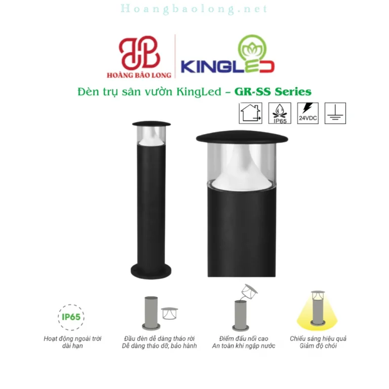 Hình catalogue đèn trụ sân vườn KingLed GR-SS, hoạt động ngoài trời, chống ngập nước và dễ tháo lắp bảo hành.