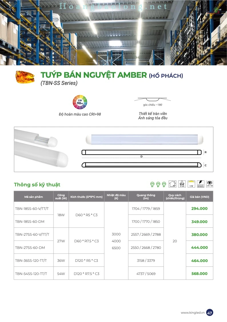Đèn tuýp bán nguyệt Amber KingLed - TBN-SS Series Hình catalogue đèn tuýp bán nguyệt Amber KingLed TBN-SS, CRI>98, thiết kế tràn viền và ánh sáng tỏa đều.