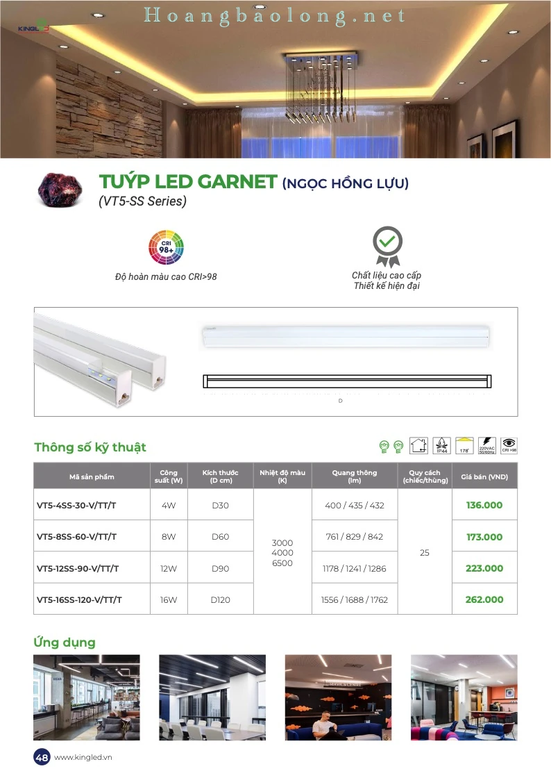 Hình catalogue đèn tuýp LED Garnet KingLed VT5-SS, CRI>98, chất liệu cao cấp và thiết kế hiện đại.