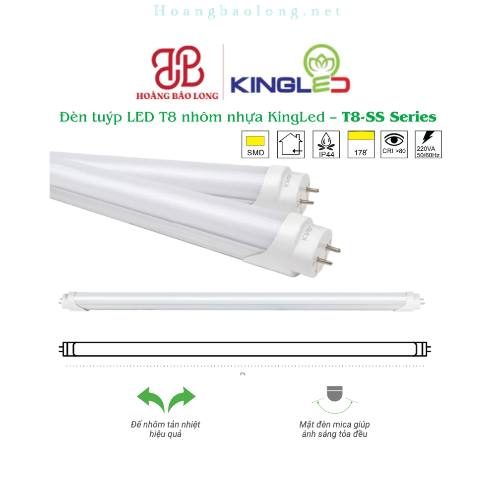 TUÝP LED T8 NHÔM NHỰA 22W T8-22SS-120-T KingLed Hình catalogue đèn tuýp LED T8 nhôm nhựa KingLed T8-SS với đế nhôm tản nhiệt và mặt mica tỏa sáng đều.