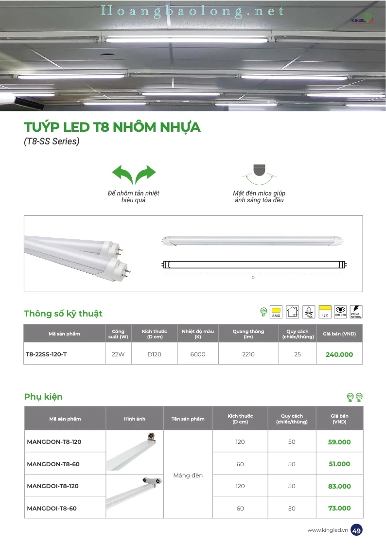Hình catalogue đèn tuýp LED T8 nhôm nhựa KingLed T8-SS với đế nhôm tản nhiệt và mặt mica tỏa sáng đều.