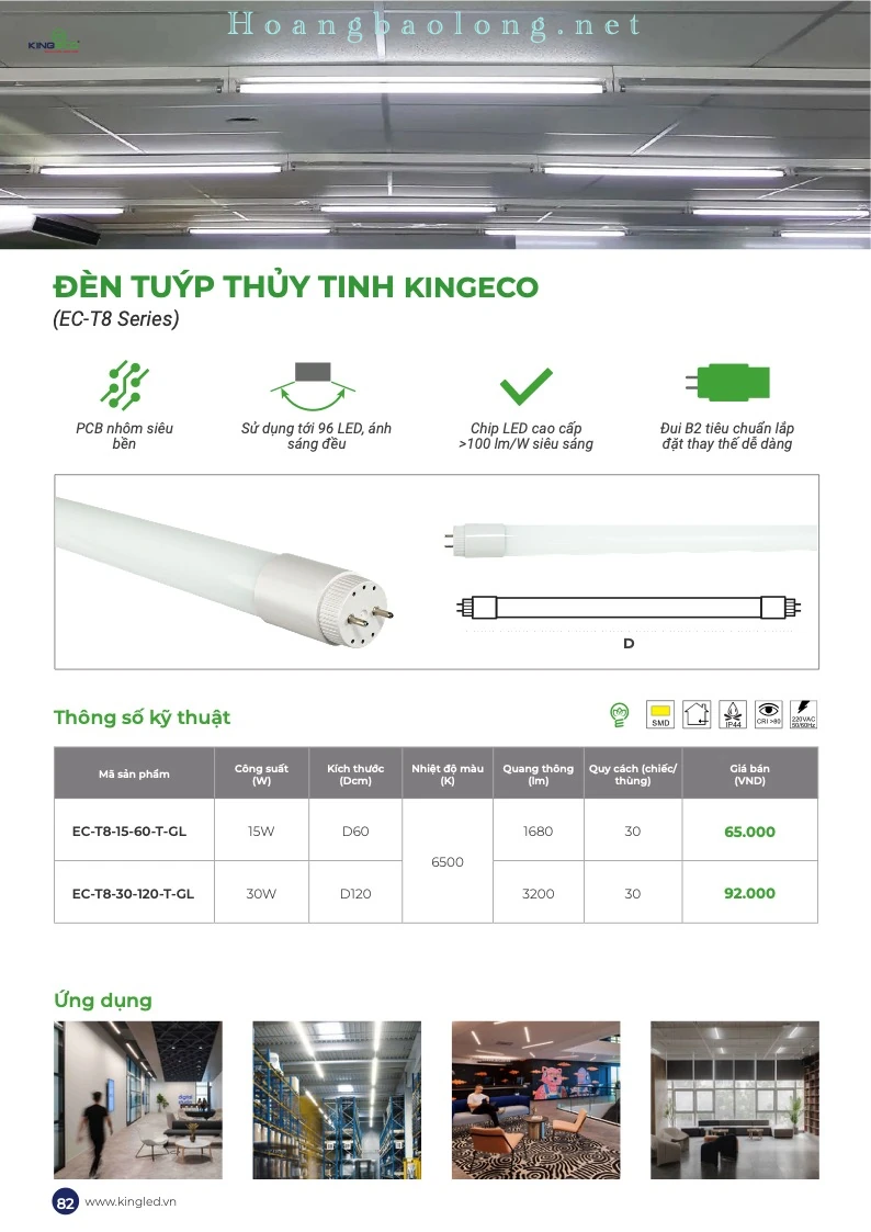 Hình catalogue đèn tuýp thủy tinh KingEco EC-T8, chip LED hiệu suất cao, PCB nhôm và đui B2 dễ thay thế.