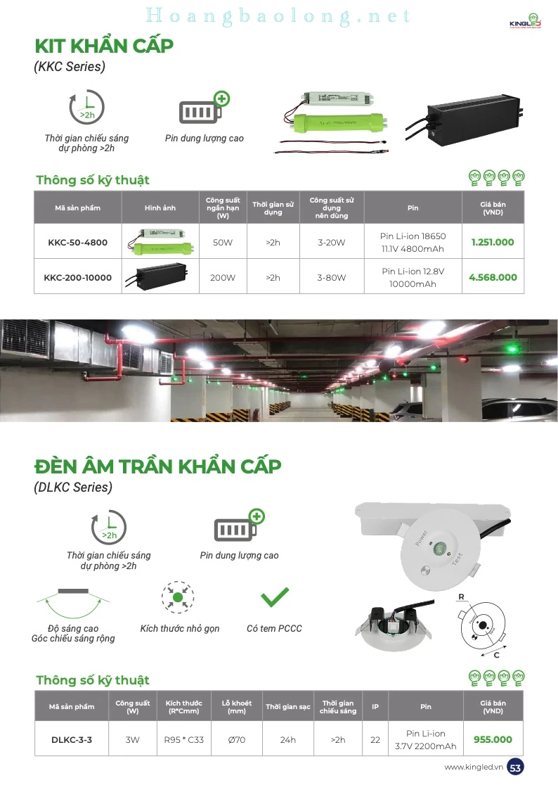 Hình catalogue kit khẩn cấp KingLed KKC dành cho đèn LED, sử dụng pin dự phòng với thời gian chiếu sáng trên 2 giờ.