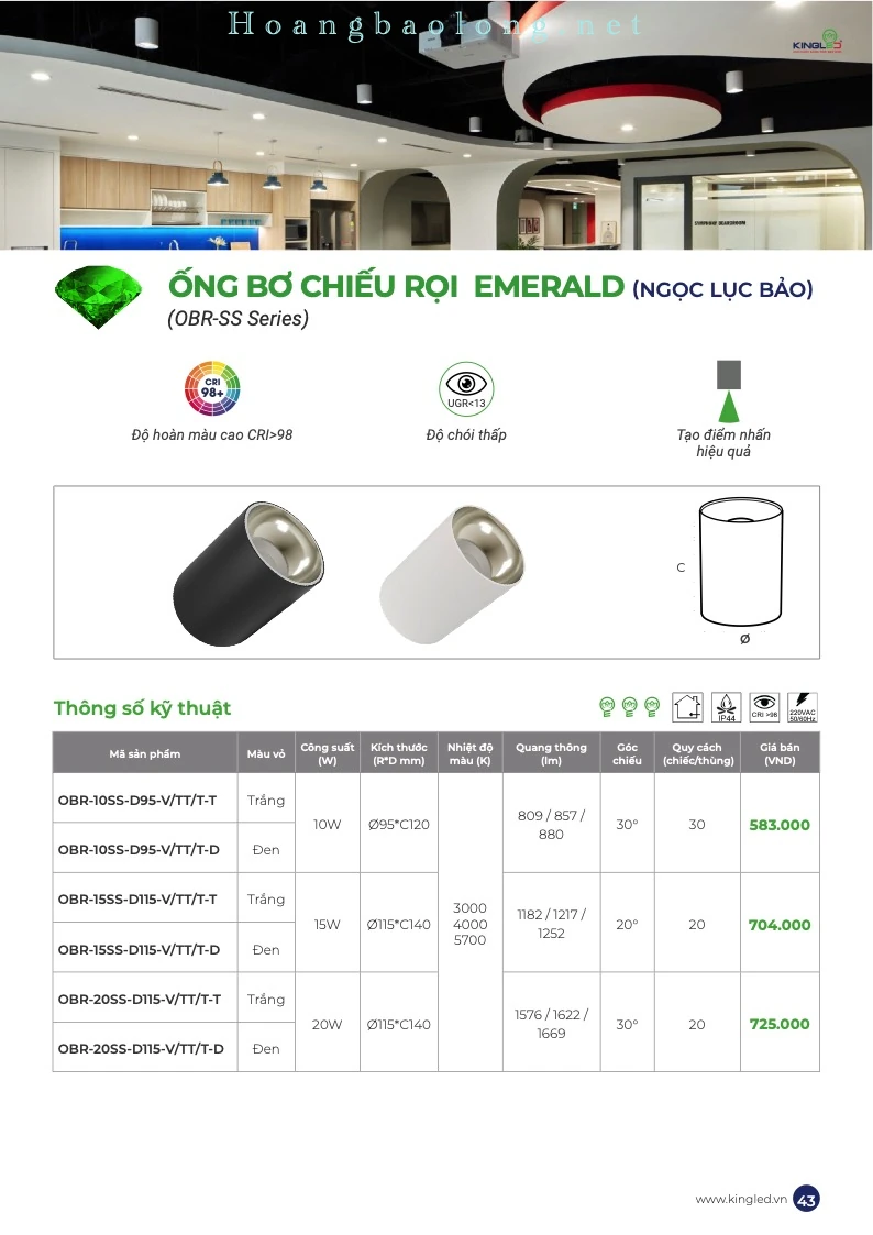 Hình catalogue ống bơ chiếu rọi Emerald KingLed OBR-SS, CRI>98, UGR