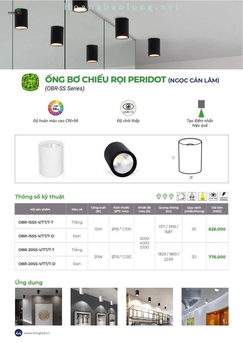 Hình catalogue ống bơ chiếu rọi Peridot KingLed OBR-SS, CRI>98, UGR