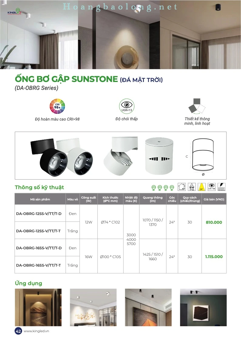 Hình catalogue ống bơ gập Sunstone KingLed DA-OBRG, CRI>98, UGR