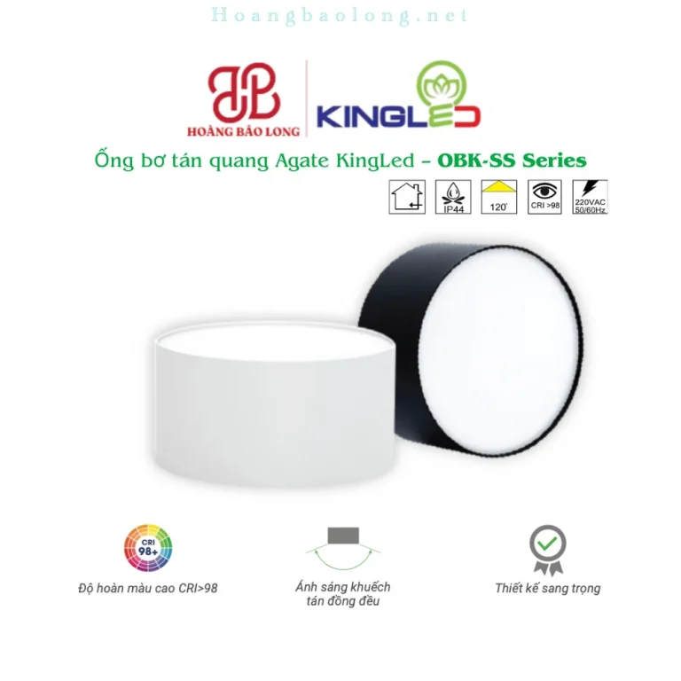 Hình catalogue ống bơ tán quang Agate KingLed OBK-SS, CRI>98, ánh sáng khuếch tán đồng đều và kiểu dáng sang trọng.