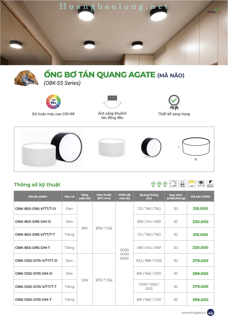 Hình catalogue ống bơ tán quang Agate KingLed OBK-SS, CRI>98, ánh sáng khuếch tán đồng đều và kiểu dáng sang trọng.
