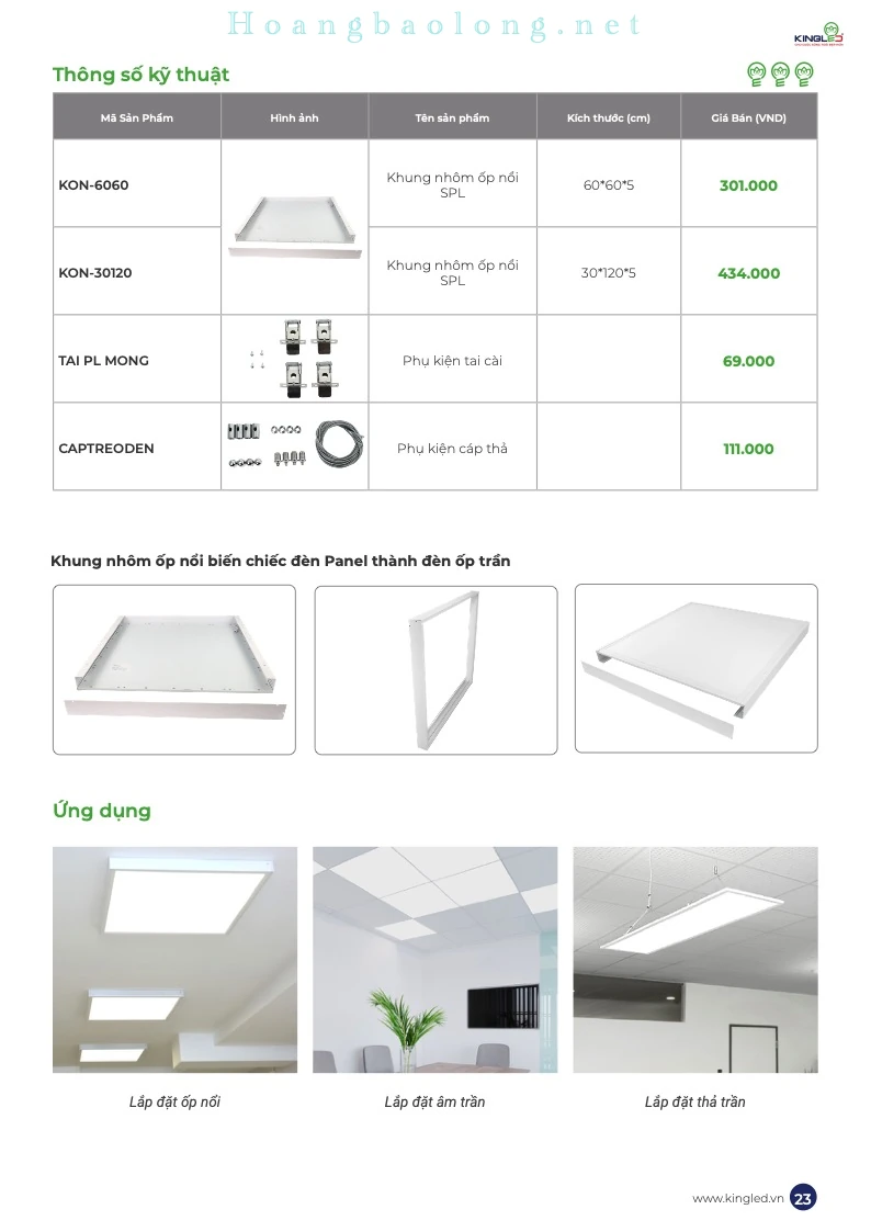 Đèn panel siêu mỏng Jasper KingLed 48W – SPL-SS Series Bảng phụ kiện khung nhôm ốp nổi, khung âm trần và bộ cáp thả dành cho đèn panel KingLed.
