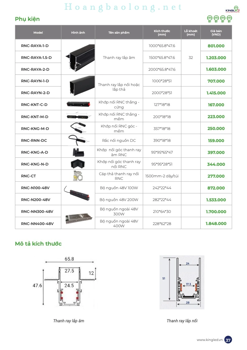 Bảng phụ kiện ray âm, ray nổi, đầu nối và bộ nguồn dành cho hệ đèn ray nam châm KingLed RNC-SS.