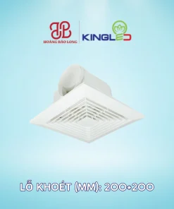 Quạt hút âm trần KingLED QHATR-01-20 35W, lỗ khoét 200 x 200 mm, lưu lượng 180 m³/h, độ ồn 40 dB, phù hợp thông gió nhà vệ sinh và phòng tắm.