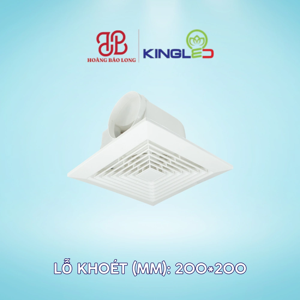 Quạt Hút Âm Trần KingLED 35W QHATR-01-20 Quạt hút âm trần KingLED QHATR-01-20 35W, lỗ khoét 200 x 200 mm, lưu lượng 180 m³/h, độ ồn 40 dB, phù hợp thông gió nhà vệ sinh và phòng tắm.