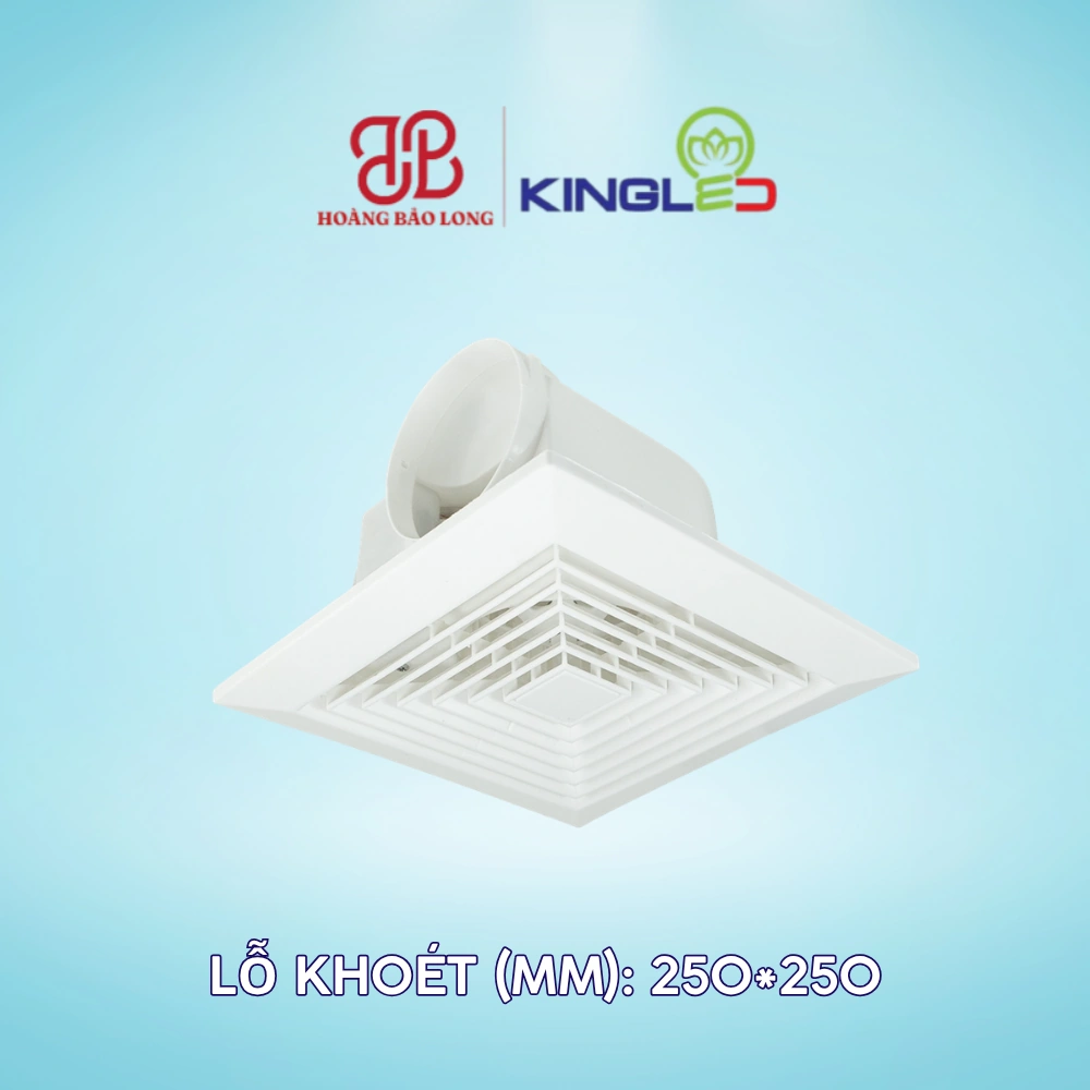 Quạt Hút Âm Trần KingLED 35W QHATR-01-25 Quạt hút âm trần KingLED QHATR-01-25 35W, lỗ khoét 250 x 250 mm, lưu lượng 230 m³/h, độ ồn 42 dB, phù hợp thông gió nhà vệ sinh và phòng tắm.