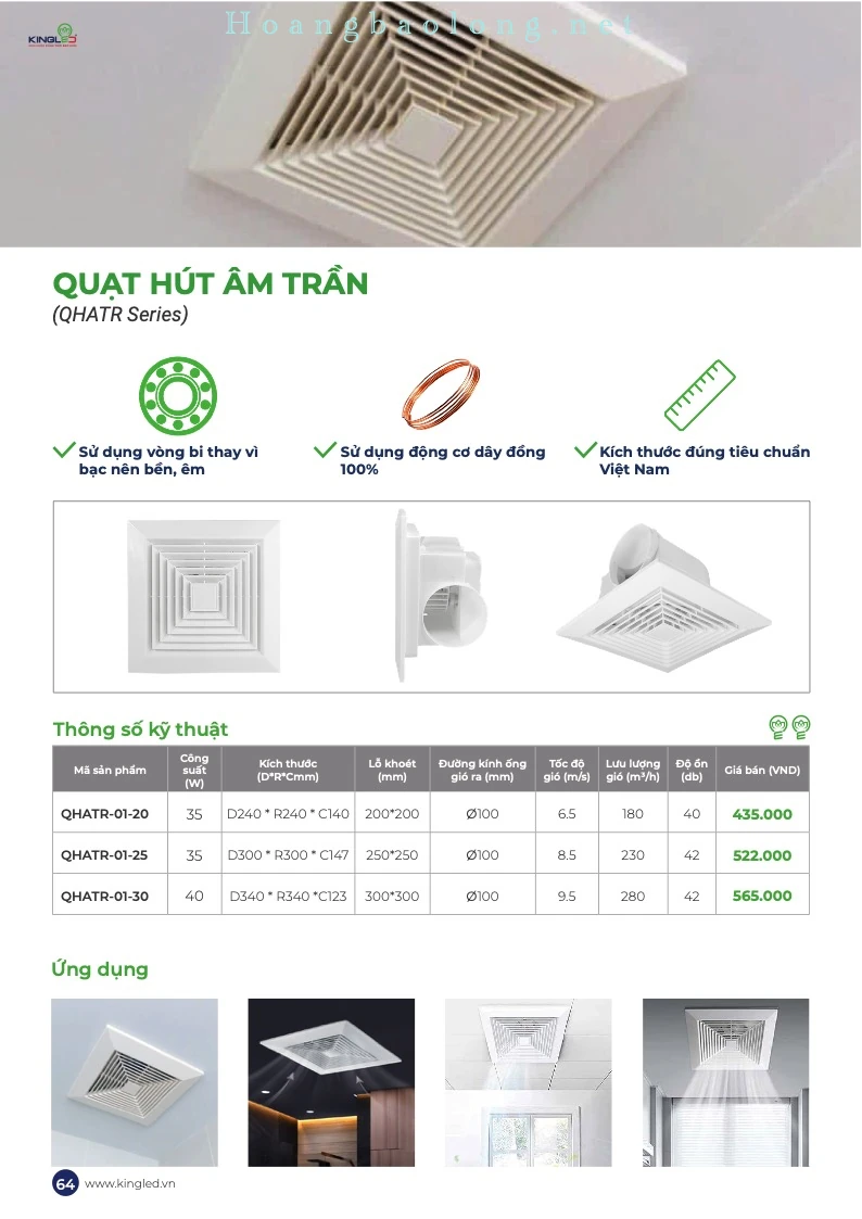 Hình catalogue quạt hút âm trần KingLed QHATR, động cơ dây đồng 100%, vòng bi bền êm và kích thước chuẩn Việt Nam.