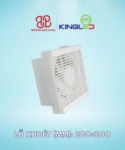 Quạt hút âm tường KingLED QHAT-01-20 35W, lỗ khoét 200 x 200 mm, lưu lượng 300 m³/h, độ ồn 42 dB, phù hợp thông gió nhà vệ sinh và phòng tắm.