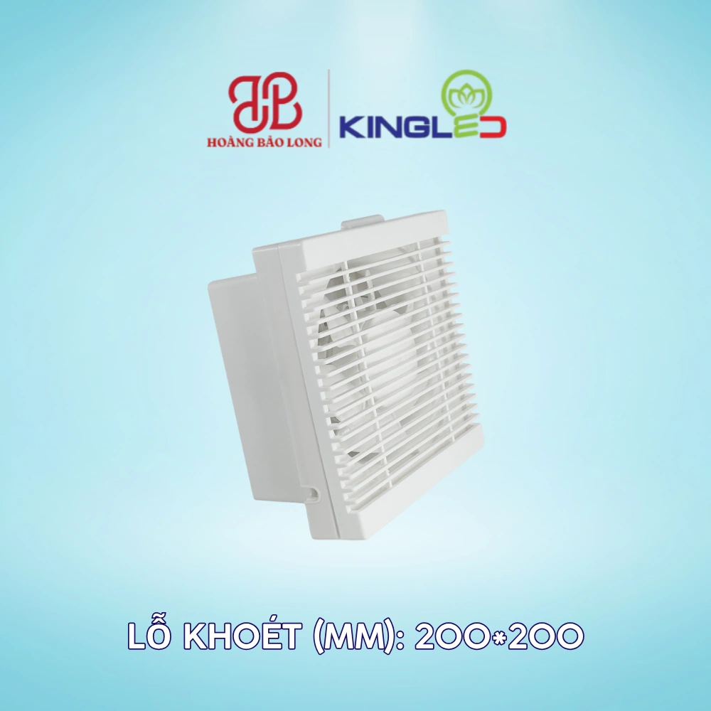 Quạt Hút Âm Tường KingLED 35W QHAT-01-20 Quạt hút âm tường KingLED QHAT-01-20 35W, lỗ khoét 200 x 200 mm, lưu lượng 300 m³/h, độ ồn 42 dB, phù hợp thông gió nhà vệ sinh và phòng tắm.