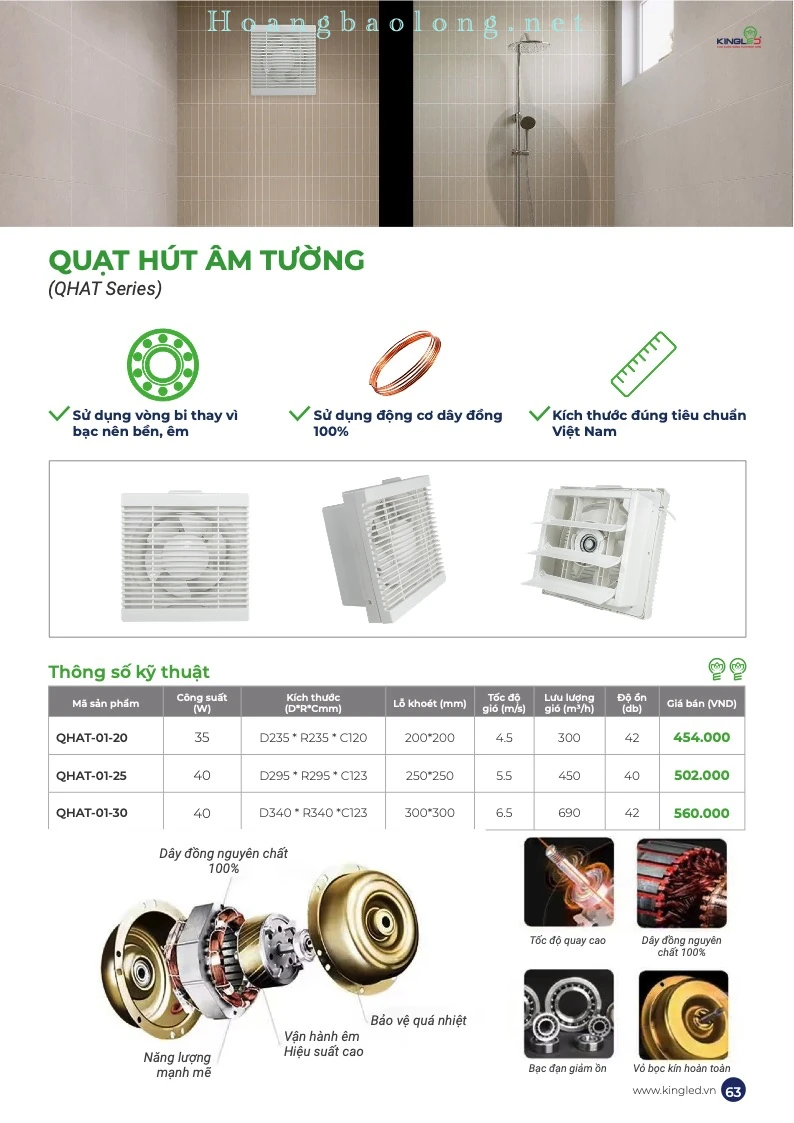 Hình catalogue quạt hút âm tường KingLed QHAT, động cơ dây đồng 100%, vòng bi bền êm và kích thước chuẩn Việt Nam.