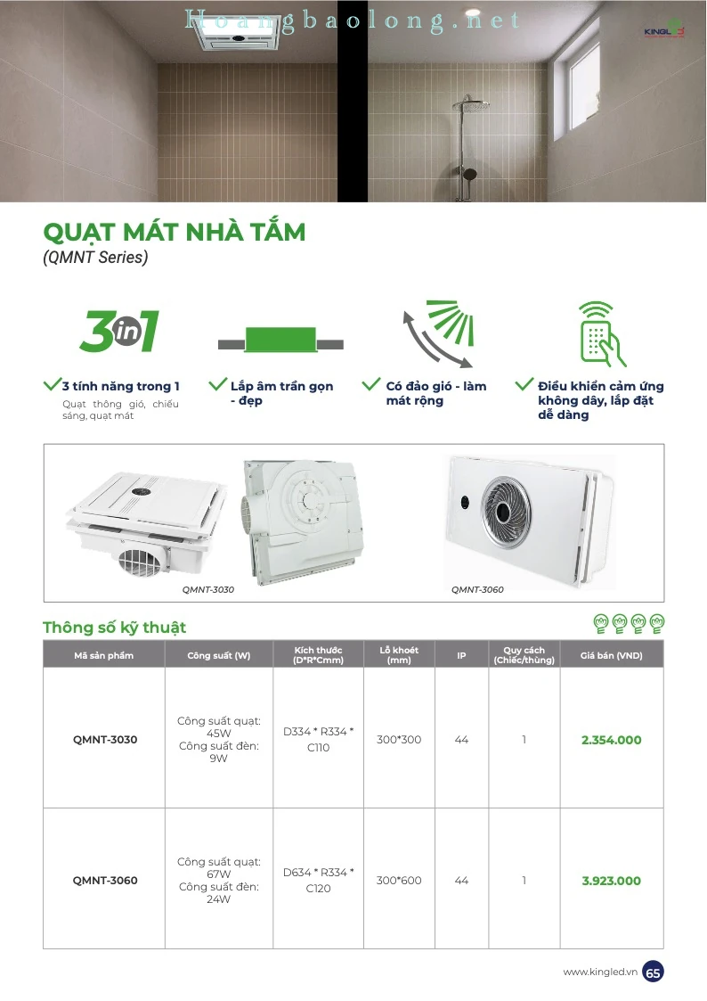 Hình catalogue quạt mát nhà tắm KingLed QMNT tích hợp thông gió, chiếu sáng và làm mát, điều khiển cảm ứng.