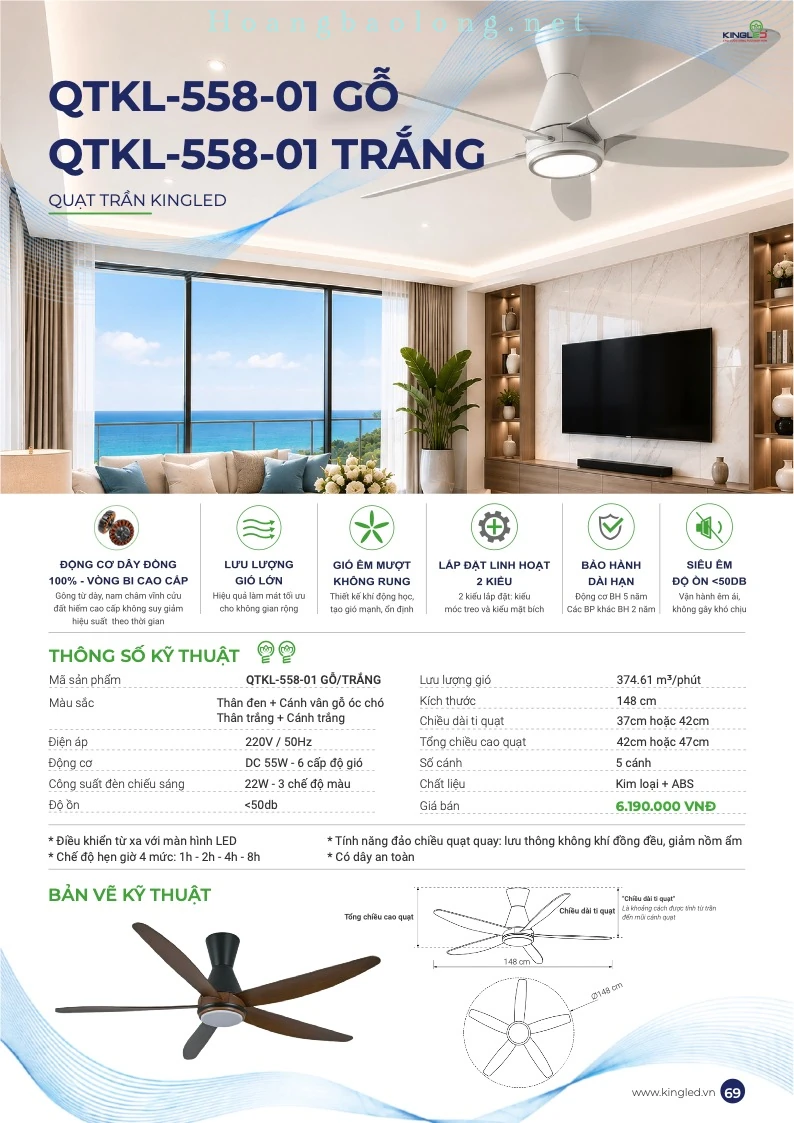 Hình catalogue quạt trần KingLed QTKL-558-01 phiên bản gỗ và trắng, kèm bảng thông số kỹ thuật chi tiết.