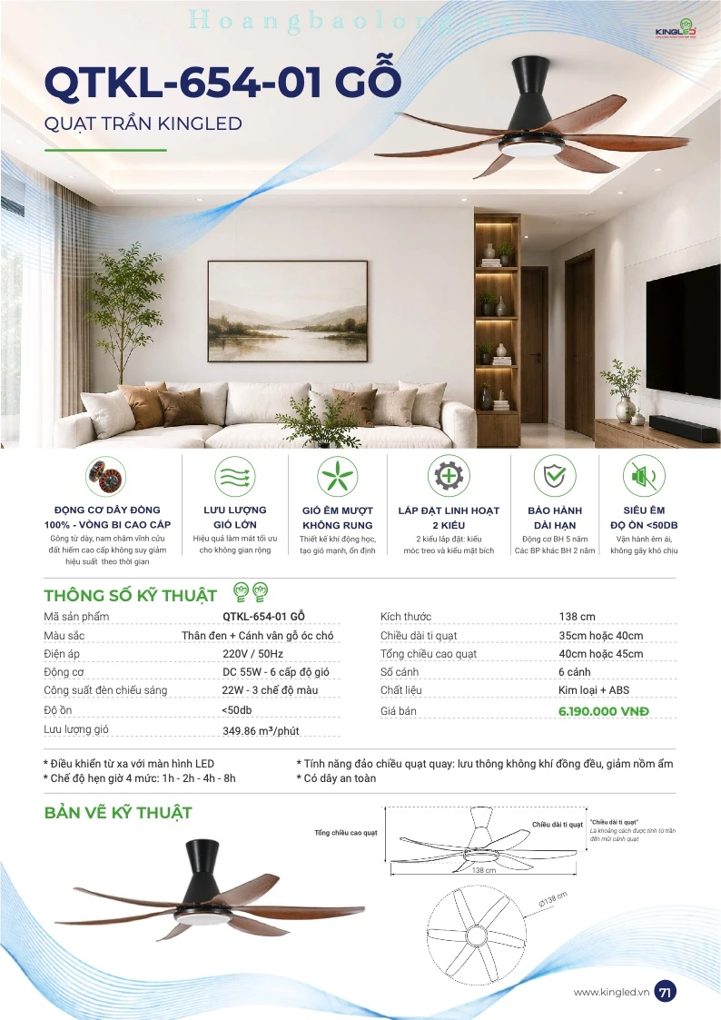 Hình catalogue quạt trần KingLed QTKL-654-01 Gỗ, kích thước 138 cm, thân đen và cánh vân gỗ óc chó.