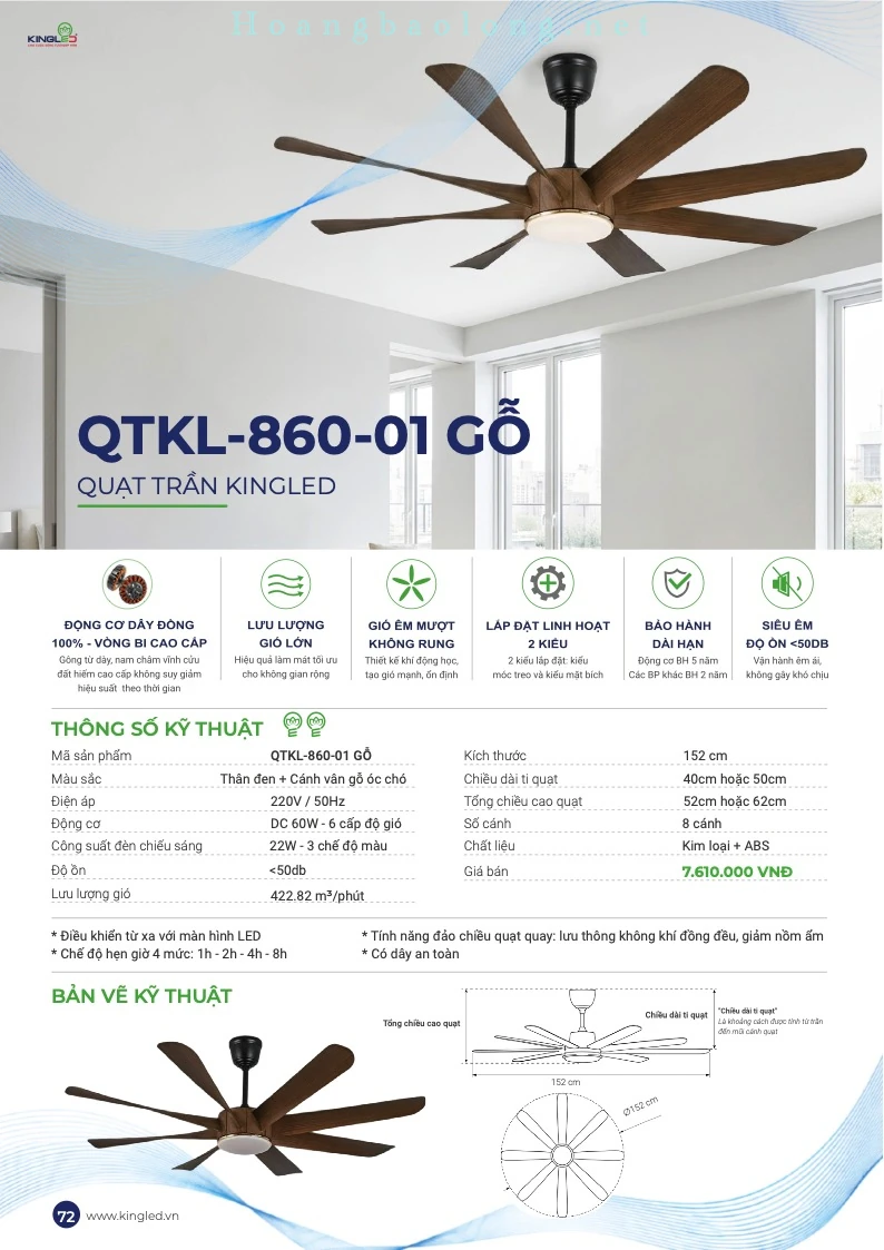 Hình catalogue quạt trần KingLed QTKL-860-01 Gỗ, kích thước 152 cm, thân đen và cánh vân gỗ óc chó.